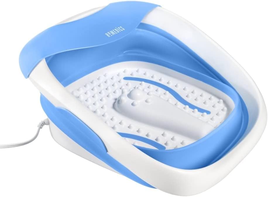 HoMedics Compact Pro Spa Collapsible Footbath with Heat Maintenance, Vibration Massage, ACU-Node Surface, Improves Circulation, Soothe Tired Muscles, Tub for Easy Storage, Blue and White