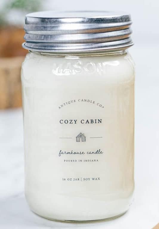 Antique Candle Co.® 16 Ounce Soy Wax Candle, 80 Hour Burn Time, Cotton Wick, Mason Jar Candle (Cozy Cabin)
