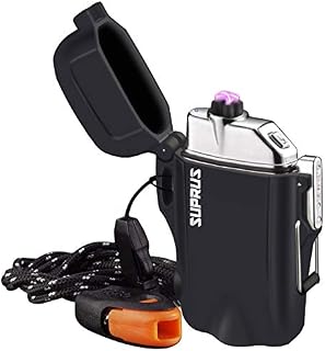 SUPRUS Waterproof 3 Modes of Flashlight Windproof Lighter Dual Arc Electric Rechargeable Dual Arc Plasma Lighters with Survival Emergency Whistle and Lanyard