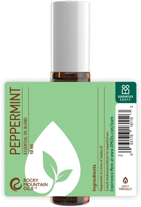 Rocky Mountain Oils Peppermint Roll-On 10ml - Natural Essential Oil Blend, Pre-Diluted Cooling Mint Roller, Fresh Clean Scent Aromatherapy - Plant-Based Formula with Fresh & Minty Fragrance