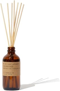 P.F. Candle Co. Ojai Lavender Classic Scented Rattan Reed Diffuser (3.5 fl oz) Amber Glass Jar, Fine Fragrance Oil, Flame-Free Fragrance, Made in The U.S.A.