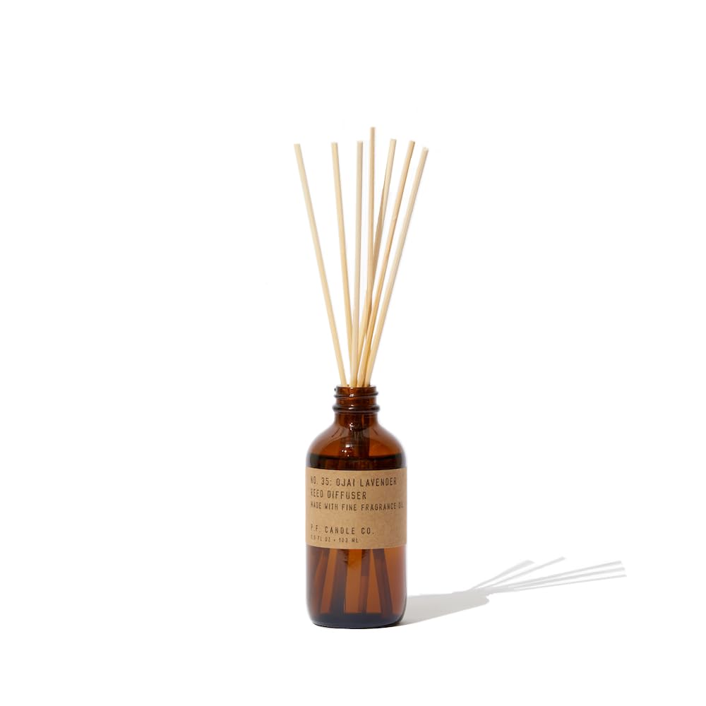 P.F. Candle Co. Ojai Lavender Classic Scented Rattan Reed Diffuser (3.5 fl oz) Amber Glass Jar