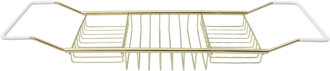 Cabilock Luxury Stainless Steel Bathtub Caddy Tray - 24.8in Expandable Modern Bath Rack for Tub with Wine Glass & Book Holder - Rustproof Shower Organizer & Tablet Stand for Home Spa, Gold