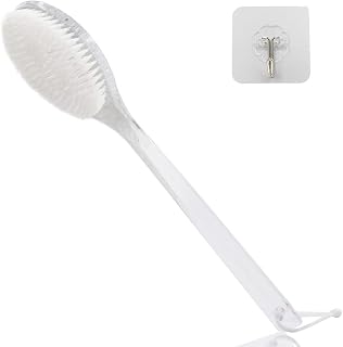 Body Dry Brushing Back Scrubber With Curved Plastic Long Handle - Clear Bath Shower Brush for Dry Skin Exfoliating, Cellulite - for Men and Women (Transparent Handle)
