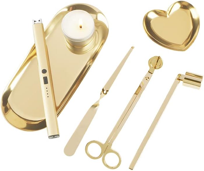 6 in 1 Candle Wick Trimmer Cutter,Candle Lighter Rechargeable, Candle Snuffer Extinguisher, Candle Wick Dipper, Candle Care Kit，Candle Accessory Set with Storage Tray Plate for Candle Lover (Gold-02)