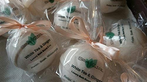 3 White Tea and Ginger Luxury Bath Bombs, Large 5 oz Each, Handmade with Shea, Mango & Cocoa Butter, Ultra Moisturizing, Great for Dry Skin, All Skin Types, Individually Wrapped in Clear Cello Bag.