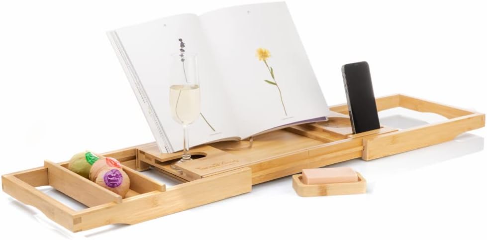 TranquilBeauty Premium Bath Caddy | Bath Board with iPad, Tablet, and Phone Stand | Extendable Wooden Tray Bath Rack