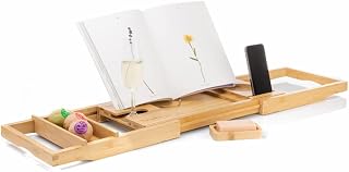 TranquilBeauty Premium Bath Caddy | Bath Board with iPad, Tablet, and Phone Stand | Extendable Wooden Tray Bath Rack