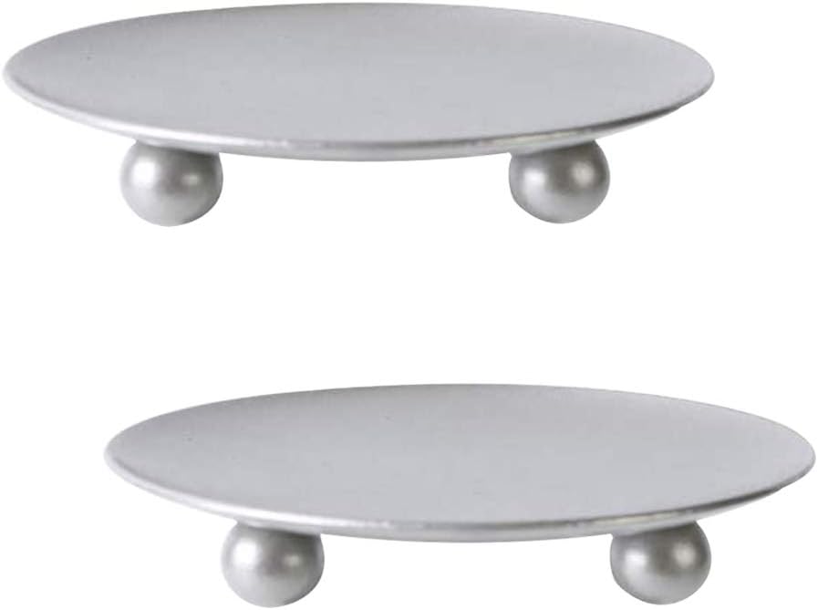 2 Sets Iron Plate Candle Holder, Roucerlin Decorative Iron Candle Plate, Premium Pedestal Stand Candlestick Plates for Wax (Silver)