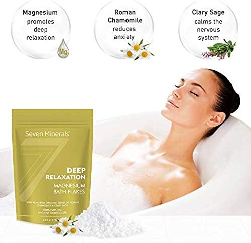 Seven Minerals Deep Relaxation Magnesium Chloride Flakes 3lb – Absorbs Better Than Epsom Salt - Unique Full Bath Soak Formula for Stress and Relaxing with Roman Chamomile & Clary Sage