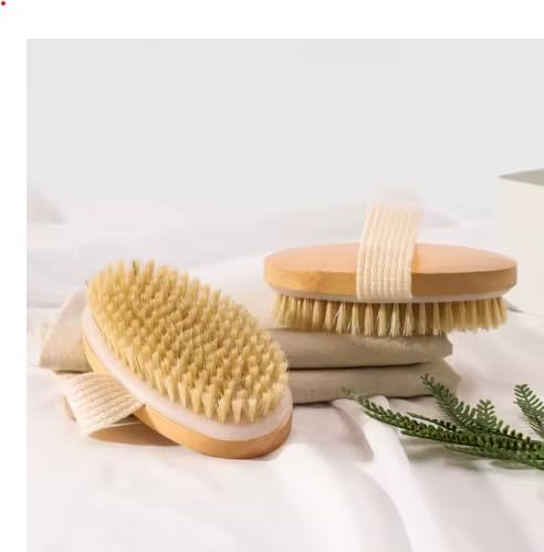 Dry Brushing Body Brush Set 2 Pack — Natural Boar Bristle Exfoliating Brush for Lymphatic Drainage, Cellulite, Blood Circulation & Glowing Skin | Fabric Strap Handle, Wet & Dry Use