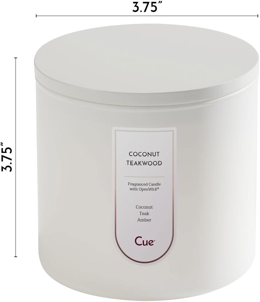 CUE Coconut Teakwood Scented Candle | Spring Summer Candle | Soy Coconut Wax Blend | Made in USA | 70 Hour Burn Time | 14oz White Color