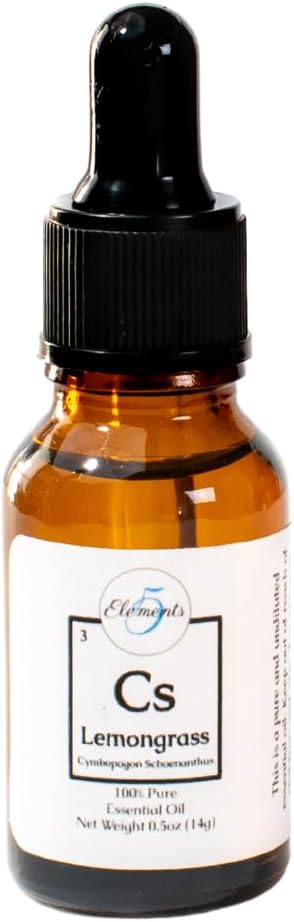 100% Lemongrass Essential Oil - Cymbopogon Schoenanthus - Pure and Natural Botanical Oils by 5 Elements Essential Oils - for use in Aromatherapy, Diffusers, Oil Burners - Home Fragrance (Lemongrass)