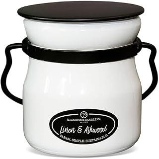 Milkhouse Candle Company Linen & Ashwood Soy Candle - Grey Musk | Dark Gilded Fruits | Tonka Bean & Amber Scented - 5 oz Cream Jar with Lid, 35+ Hour Burn Time, Made in the USA