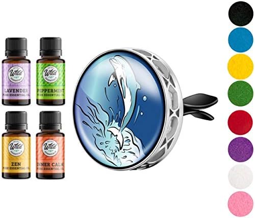 Wild Essentials Dolphin Enamel Aromatherapy Car Vent Air Freshener Essential Oil Diffuser with Vent Clip 8 Color Pads 100% Pure Essential Oils (Lavender, Peppermint, Lemongrass, Orange) Gift Set