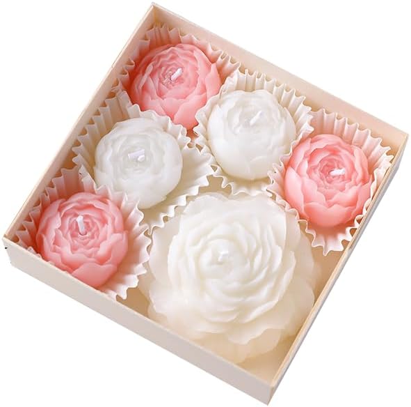 6-Pack Flower Candles Set, Rose Peony Shaped Scented Floral Candle Handmade Aromatherapy Gifts for Mother Wedding Home Decor (White & Pink)