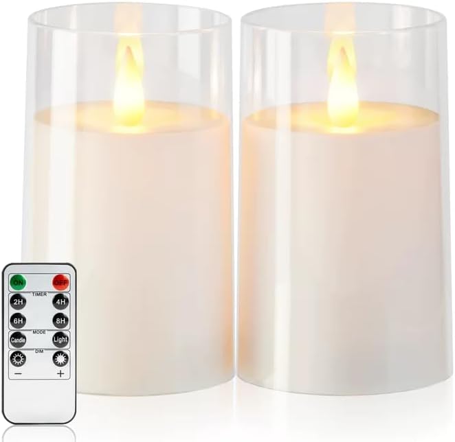 Amagic 3"×5" White Flameless Candles with Remote and Timer, Realistic Flickering Battery Operated Acrylic Led Fake Candles for Home Wedding Party Fall Christmas Decor, Set of 2