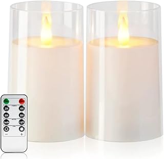 Amagic 3"×5" White Flameless Candles with Remote and Timer, Realistic Flickering Battery Operated Acrylic Led Fake Candles for Home Wedding Party Fall Christmas Decor, Set of 2