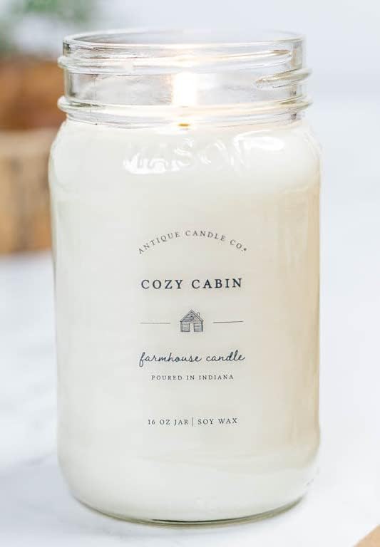Antique Candle Co.® 16 Ounce Soy Wax Candle, 80 Hour Burn Time, Cotton Wick, Mason Jar Candle (Cozy Cabin)