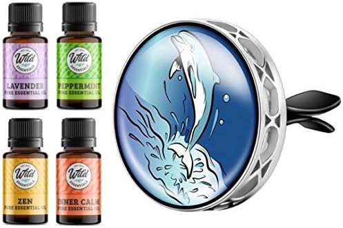 Wild Essentials Dolphin Enamel Aromatherapy Car Vent Air Freshener Essential Oil Diffuser with Vent Clip 8 Color Pads 100% Pure Essential Oils (Lavender, Peppermint, Lemongrass, Orange) Gift Set