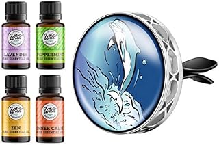 Wild Essentials Dolphin Enamel Aromatherapy Car Vent Air Freshener Essential Oil Diffuser with Vent Clip 8 Color Pads 100% Pure Essential Oils (Lavender, Peppermint, Lemongrass, Orange) Gift Set