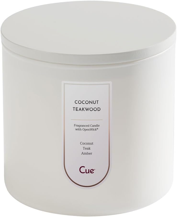 CUE Coconut Teakwood Scented Candle | Spring Summer Candle | Soy Coconut Wax Blend | Made in USA | 70 Hour Burn Time | 14oz White Color