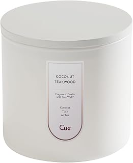 CUE Coconut Teakwood Scented Candle | Spring Summer Candle | Soy Coconut Wax Blend | Made in USA | 70 Hour Burn Time | 14oz White Color