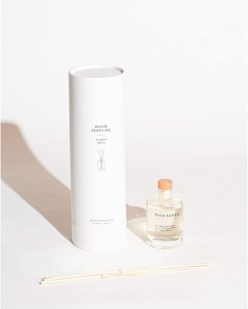 Brooklyn Candle Studio Reed Scent Diffuser - Palo Santo - Relaxing Oil Diffuser, Cedar, Eucalyptus & Sandalwood Fragrance, 8 Rattan Diffuser Reeds, Clean Ingredients - 3.7oz