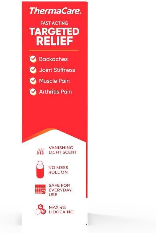 ThermaCare Heat + Max Strength 4% Lidocaine Roll-On - Dual Action Pain Relief for Back, Neck, Muscle, & Joint Pain - Warming Topical Analgesic, No-Mess Roll-On for Daily Pain Relief & Comfort
