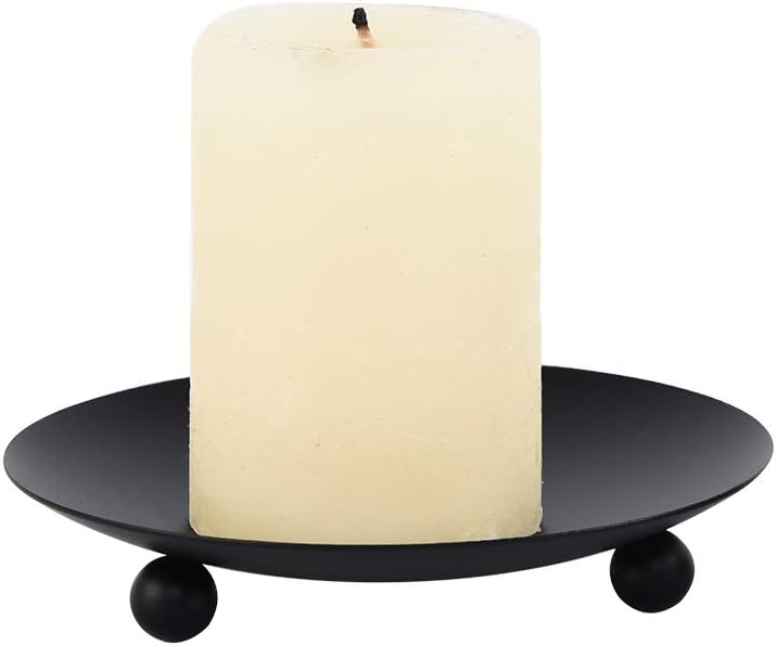 Black Iron Plate Candle Holder, Decorative Iron Pillar Candle Plate, Set of 2, 4.37 inches D x 0.78 inches H, Pedestal Candle Stand for LED & Wax Candles, Incense Cones, Spa, Weddings (2 pcs)
