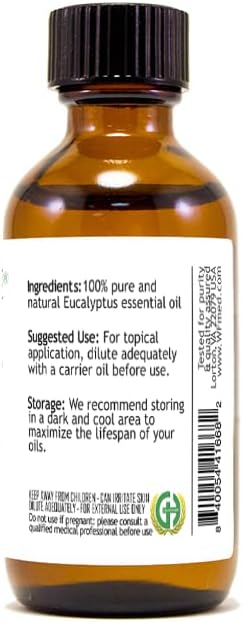 GreenHealth Eucalyptus Essential Oil – 2 fl oz (59 ml) Amber Glass Bottle w/Glass Dropper – 100% Pure Essential Oil