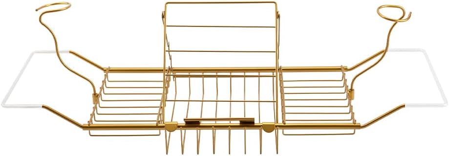 BDL Bathtub Caddy Expandable Bath Tub Tray Table with Wine Holder, Free Soap Dish and Laptop Reading Rack, Bathtub Tray for Home（Bronze）