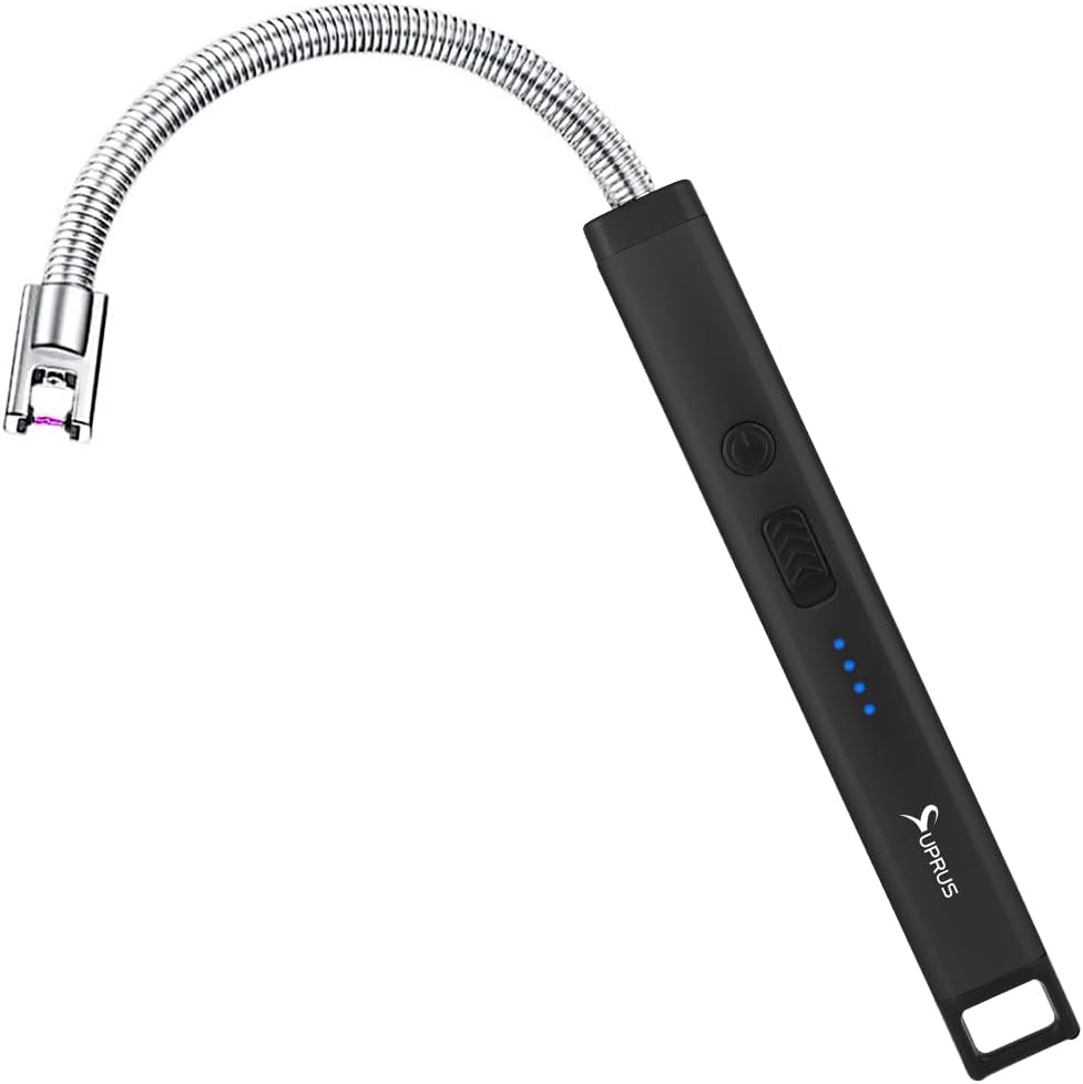 SUPRUS Rechargeable Candle Lighter Electric Arc Triple Safety Long Lighter Stainless Steel Shell & Hanging Hook (Black)
