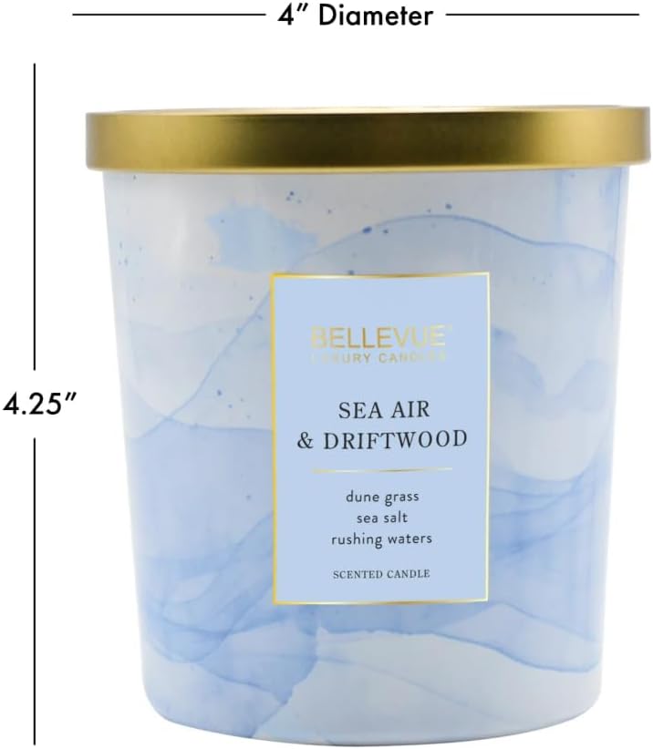 Bellevue Luxury Fragranced Candle, 12 OZ, Soy Blend Wax,Essential Oils, Long-Lasting Burn, Home Fragrances, Aromatherapy Home Scented Candles Scent: Sea Air & Driftwood