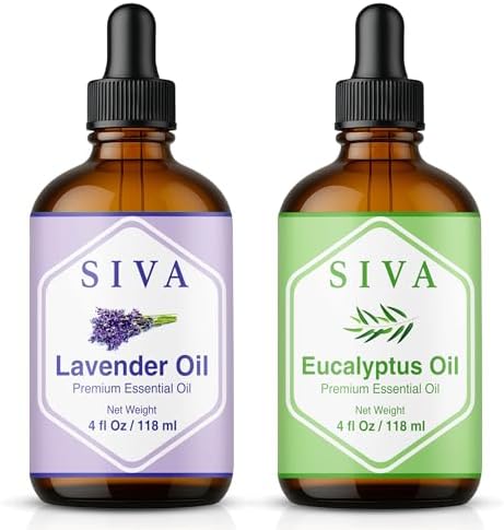 Siva Lavender & Eucalyptus Essential Oil 4oz Bundle Super Saver Combo – Premium Grade Bundle Set for Aromatherapy, Hair Care, Scalp Massage, Skin Care, Candles, Soaps and Diffuser