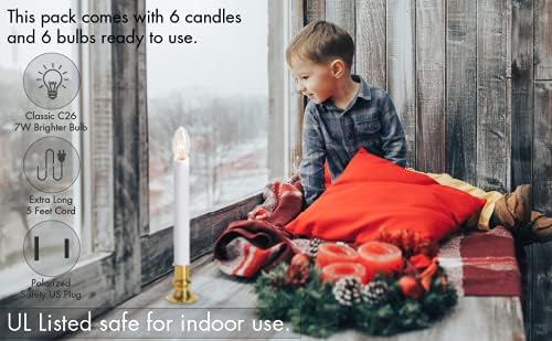 Electric Christmas Window Candle Lamp - 6-Pack | Brass-Plated Base with LED Bulbs | Dusk-to-Dawn Auto Sensor | Turns On in Dark, Off in Light | Ready to Use!