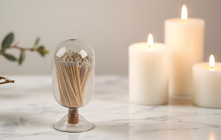 Premium Glass Match Cloche - Matches in a Jar with Striker. Great for Candles, Fireplace. Or Use Bottle for Bath Salts, Accessories. Includes Striker and Safety Matches (White)