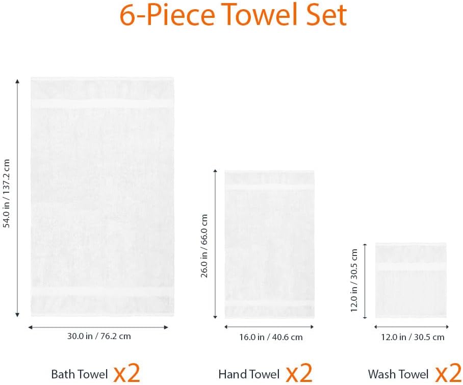 Amazon Basics 6-Piece Oversized Highly Absorbent Fade-Resistant Towel Set, 100% Cotton Towels for Bathroom, Soft, 2 Bath Towels, 2 Hand Towels, 2 Washcloths, White
