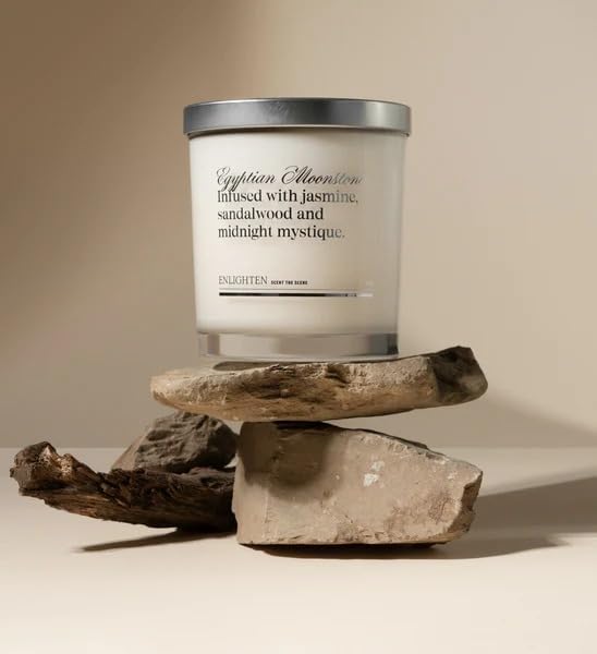Enlighten Egyptian Moonstone Candle | Luxurious Jasmine & Sandalwood Scent | Double Scent Load for Enhanced Aroma | Eco-Friendly, Hand-Poured Soy Wax | 12oz Glass Tumbler | Made in USA