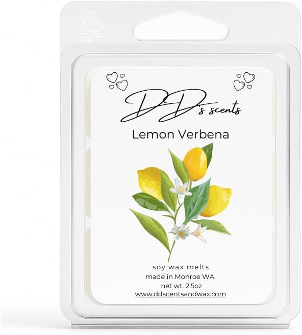 Lemon Verbena Soy Wax Melts – 6-Cube Clamshell – Hand-Poured, Fresh Citrus Herbal Scent – Strong Scented, Clean Burning Soy Wax – DD’s Scents