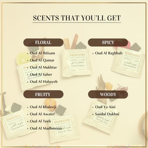 Oud Bakhoor Variety Box & Premiere Attar Oil Set by Dukhni | Authentic Arabic Incense & Fragrance Oils | 30 pcs bakhoor & 6 attar bottles | Luxurious Long-lasting Assorted Scents | Great Ramadan Gifts