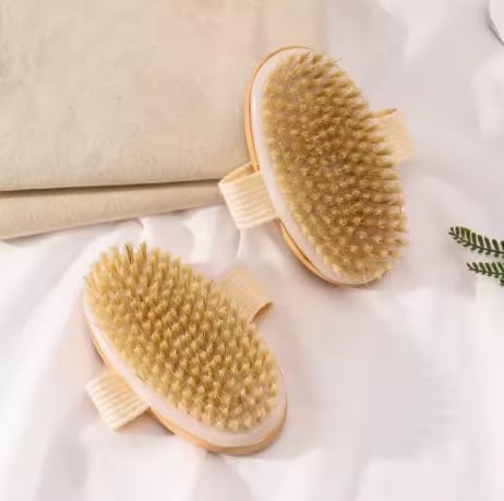 Dry Brushing Body Brush Set 2 Pack — Natural Boar Bristle Exfoliating Brush for Lymphatic Drainage, Cellulite, Blood Circulation & Glowing Skin | Fabric Strap Handle, Wet & Dry Use