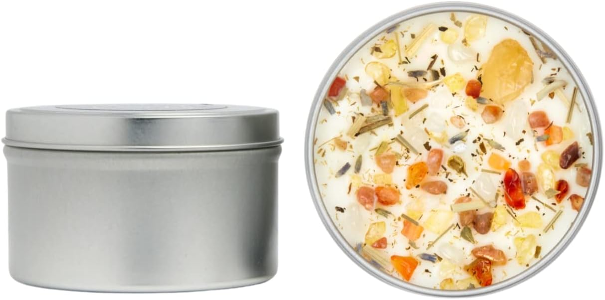 Summer Candle by New Moon Beginnings - Soy Candles - All Natural Aromatherapy Candle - Dried Herb, Flower, & Crystal Candles - Citrus Coconut Candle - 8 oz Tin