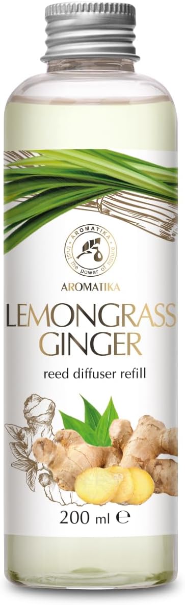 Reed Diffuser Refill Lemongrass-Ginger 6.8Fl Oz - Aroma Diffuser Refill with Essential Ginger Oil - Fragrance Diffuser - Spicy and Fresh Fragrance - Natural Fragrance - Aromatherapy - Air Freshener