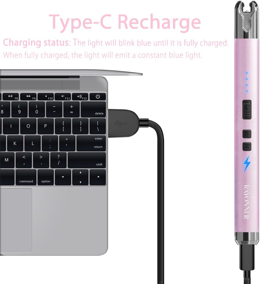 RAYONNER Electric Candle Lighter with Flashlight, Pink | USB C Rechargeable, Plasma Arc, Windproof, For Deep Candles, Gas Stove, Camping Grill Fireworks
