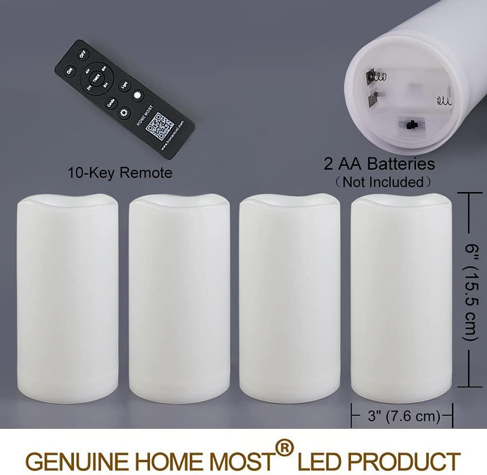 Pack of 4 White LED Candles Outdoor 3x6 - Unscented IP65 Waterproof Battery Powered Flameless LED Pillar Candles with Remote and Timer - Battery Operated Flameless Candle Flickering