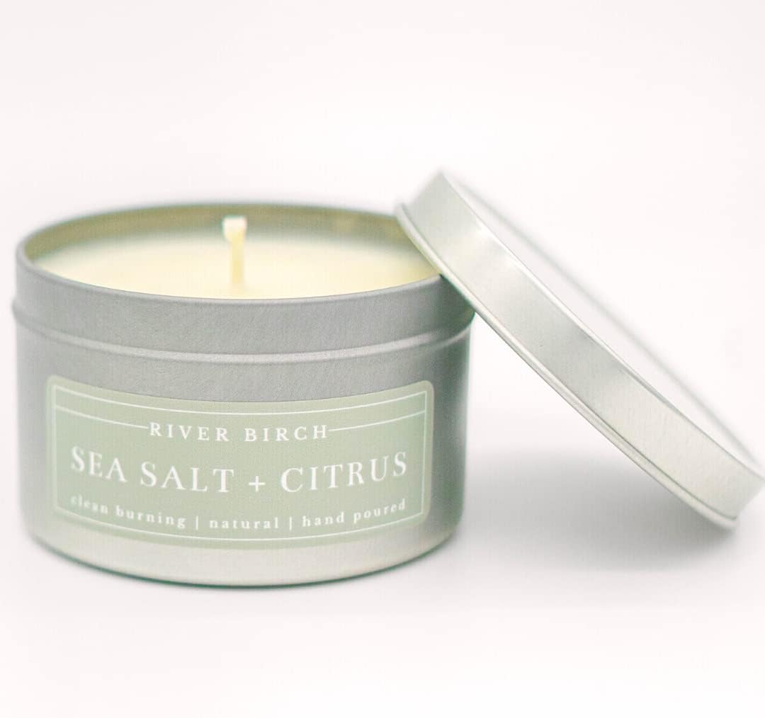 River Birch Candles Sea Salt + Citrus Scented Candle | Premium, All-Natural, Non-Toxic, Soy Candles | 8 oz. Silver Tin Travel Candle | Cozy Relaxing Gifts for Home