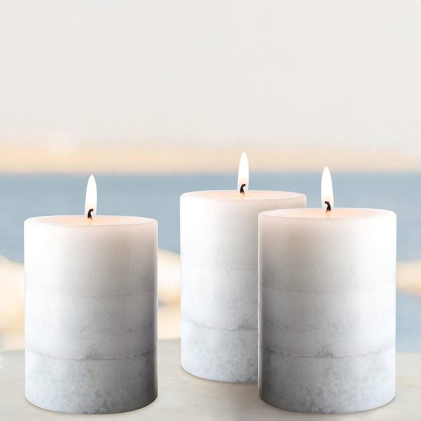 Set of 3 Scented Pillar Candles Creamy Coconut Scented 3" x 4" Long-Lasting Burn Candle White Gray Palette Pillar Candle Clean Burning No Drip Candles Gift for Home Party Dinner Table Decor