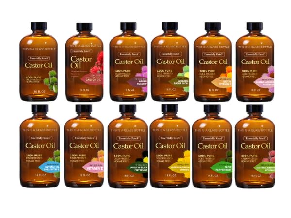 Essentially KateS Castor Oil 16 Fl Oz (Glass Bottle) - Jojoba + Calendula + Vitamin E - A Huge Glass Bottle with a Pump - 100% Pure and Natural, Cold Pressed, and Hexane-Free - Hair, Body