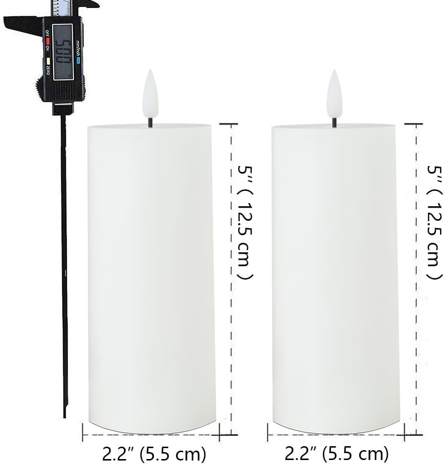 volnyus White Flameless Candles Set of 2 (2.2x5 Inch) Flickering LED Wax Candles Battery Operated with Remote Control Timers for Fireplace Bedroom Livingroom Party Dimmable Pillars Flat top